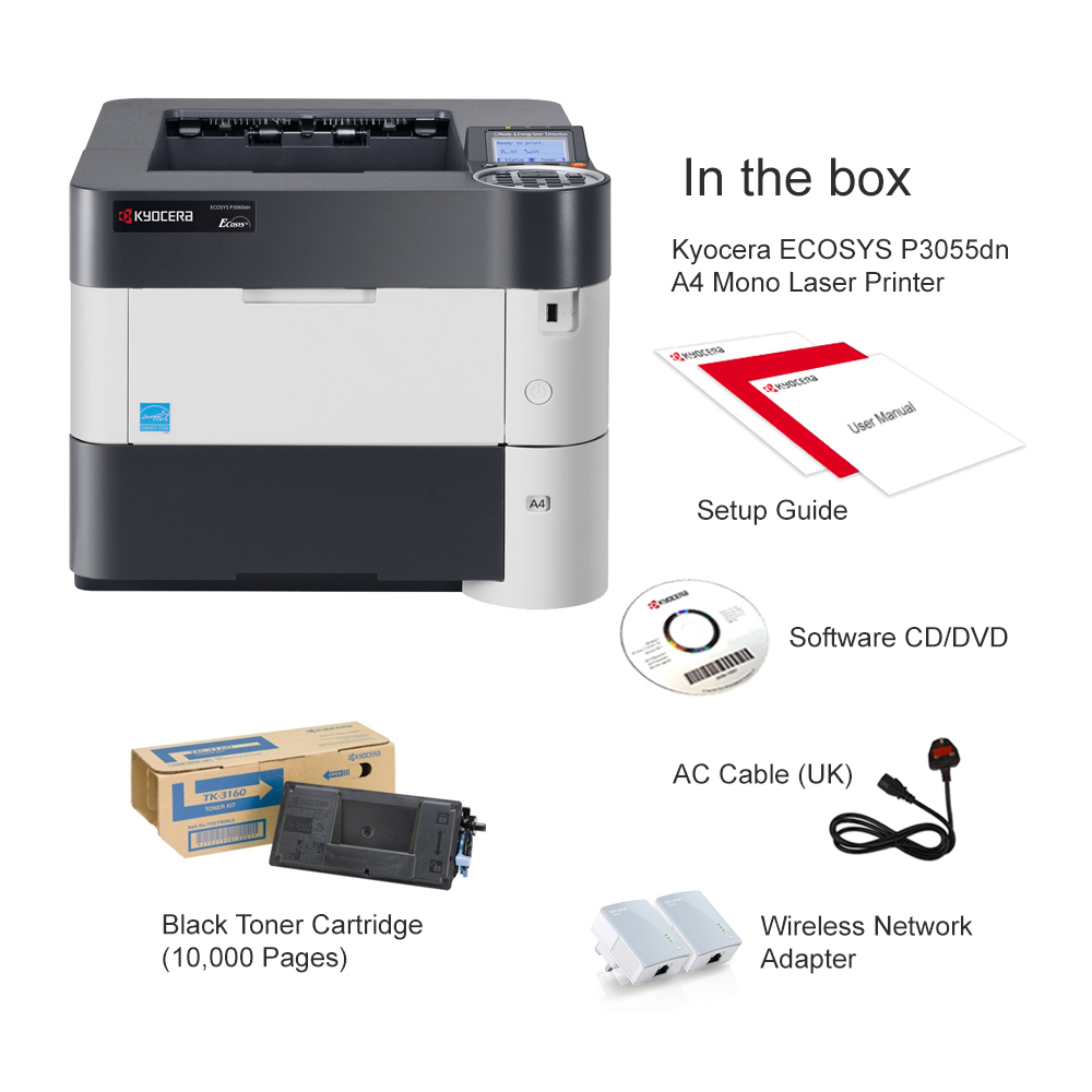 Kyocera ECOSYS P3055dn Wireless Bundle A4 Mono Laser Printer 1102T73NL0W