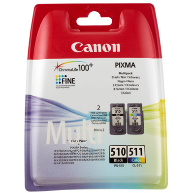 Canon 2970B010 PG-510/CL-511 Black & Tri-Colour Ink Cartridge Multipack K (220 Pages) CMY (244 Pages)