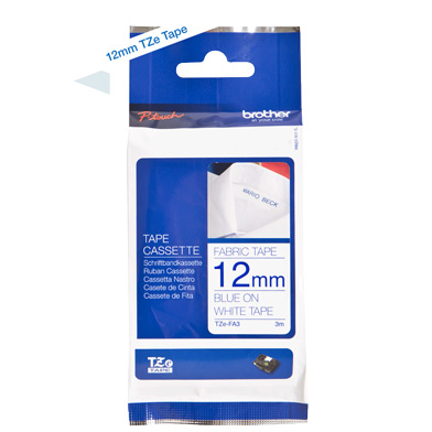 Brother TZEFA3 TZe-FA3 12mm Fabric Tape (BLUE ON WHITE)