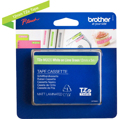 Brother TZEMQG35 TZe-MQG35 12mm Labelling Tape (WHITE ON LIME GREEN)