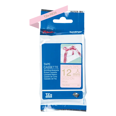 Brother TZERE34 TZe-RE34 12mm Ribbon Labelling Tape (GOLD ON PINK)