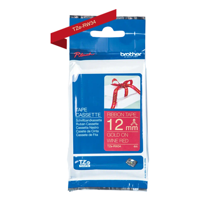 Brother TZERW34 TZe-RW34 12mm Ribbon Labelling Tape (GOLD ON WINE RED)