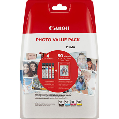 Canon 2106C005 CLI-581 CMYK Ink Cartridge + Photo Paper Value Pack