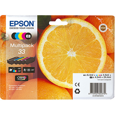 Epson C13T33374011 33 Ink Cartridge Multipack CMY (300 Pages) K (250 Pages) Photo Black (200 Pages)