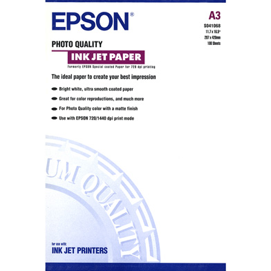 Epson C13S041068 Photo Quality Inkjet Paper - 102gsm (A3 / 100 Sheets)