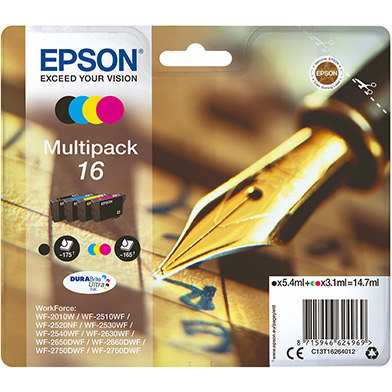 Epson C13T16264012 16 Ink Cartridge Multipack CMY (165 Pages) K (175 Pages)