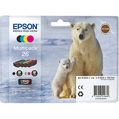 Epson C13T26164010 26 4-Colour Ink Cartridge Multipack CMY (300 Pages) K (220 Pages)