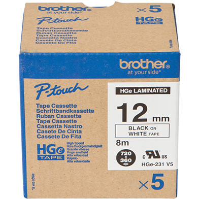 Brother HGE231V5 HGE-231V5 12mm High Grade Labelling Tape 5 Pack (BLACK ON WHITE)