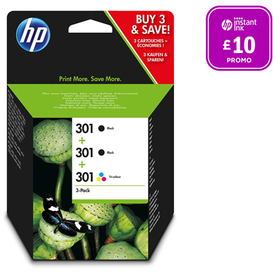 HP 301 Black and Tri-Colour Ink Cartridge Multipack CMY (165 Pages) K (2 x 190 Pages)