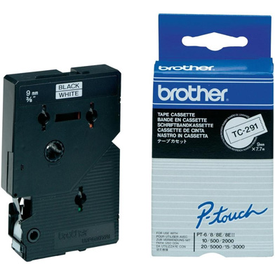 Brother TC291 TC-291 9mm x 7.7m Labelling Tape (BLACK ON WHITE)