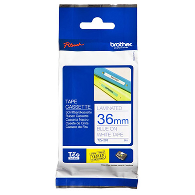 Brother TZE263 TZe-263 36mm Labelling Tape (BLUE ON WHITE)