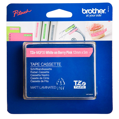 Brother TZEMQP35 TZe-MQP35 12mm Labelling Tape (WHITE ON BERRY PINK)