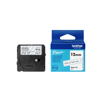 Brother BTAG135 BTAG-135 12mm Labelling Tape (WHITE ON CLEAR)