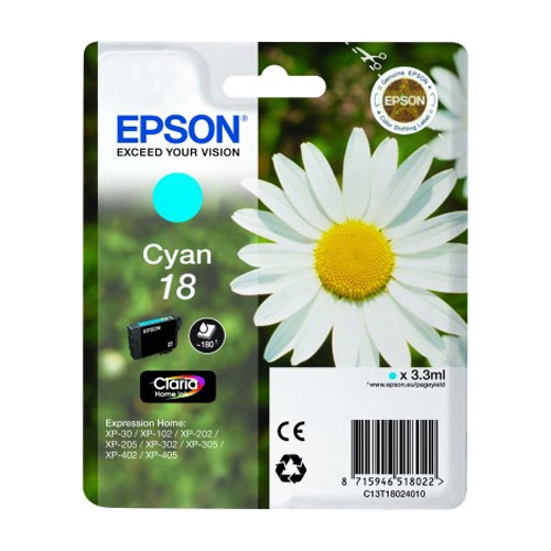 Epson C13T18024012 18 Cyan Ink Cartridge (180 Pages)