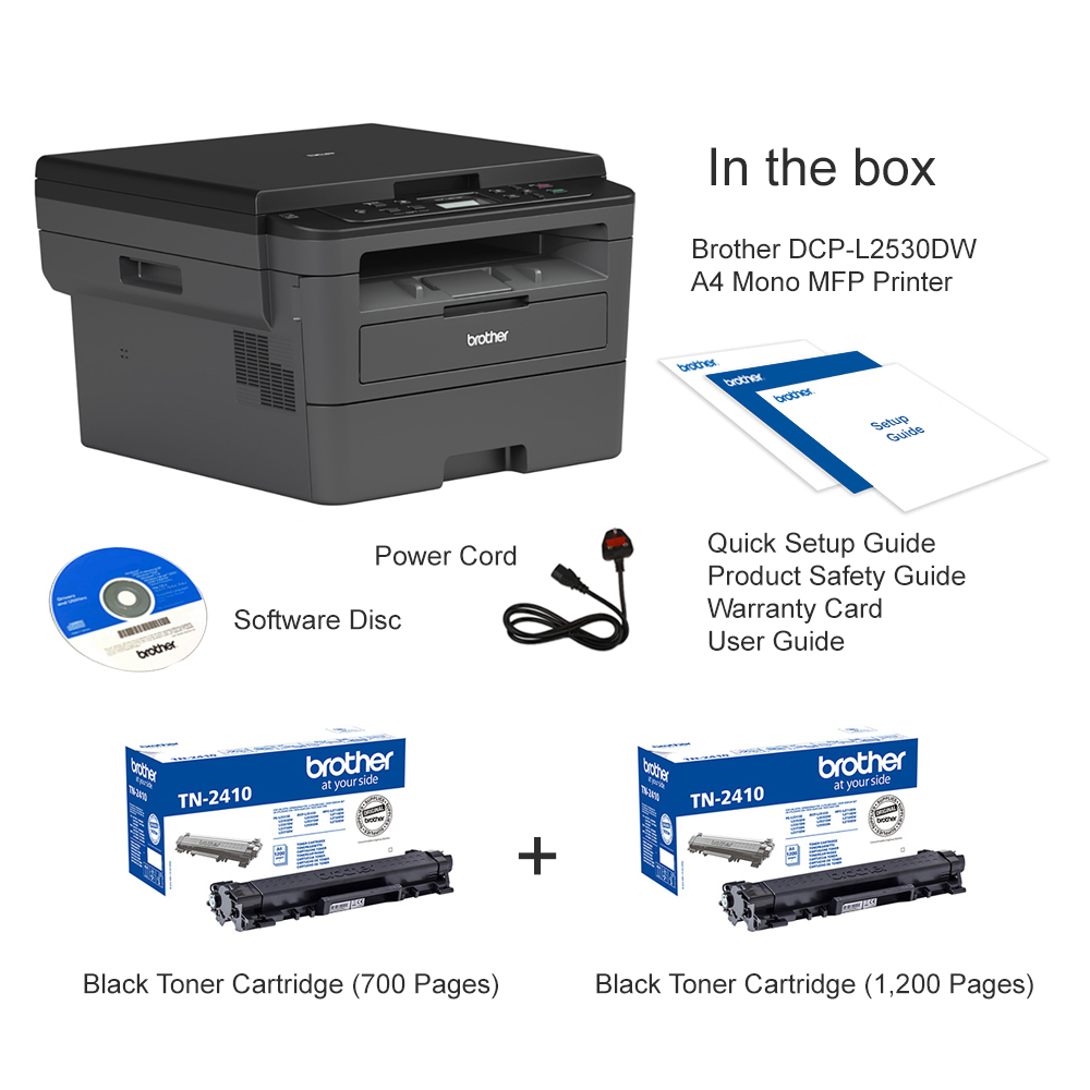 Brother DCP-L2530DW + Black Toner (1,200 Pages) A4 Mono Multifunction Laser  Printer - DCPL2530DWZU1SPK