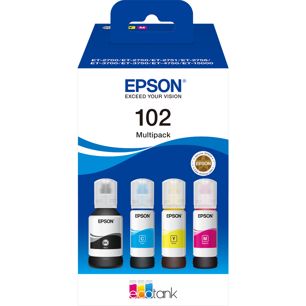 Original Epson 102 CMYK Ink Bottles for EcoTank ET-2850 ET-2856 ET