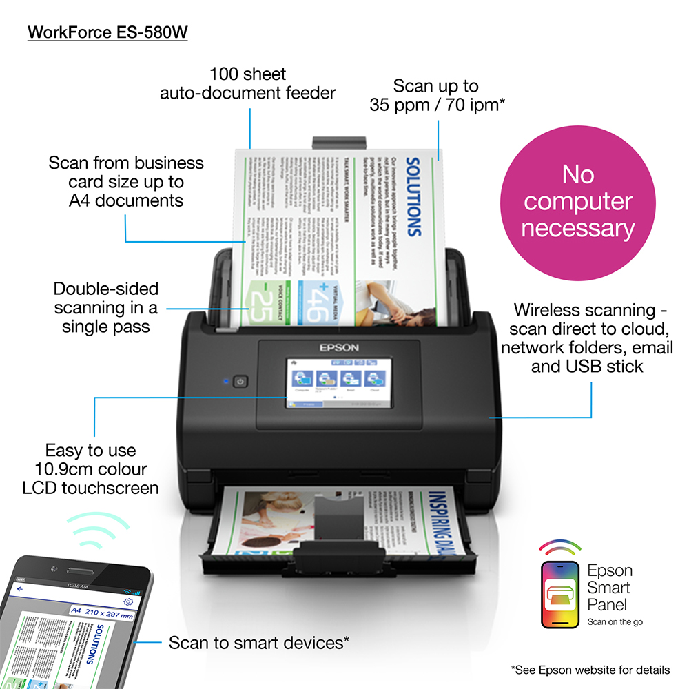 Epson WorkForce ES580W A4 Sheetfed Scanner B11B258401BY
