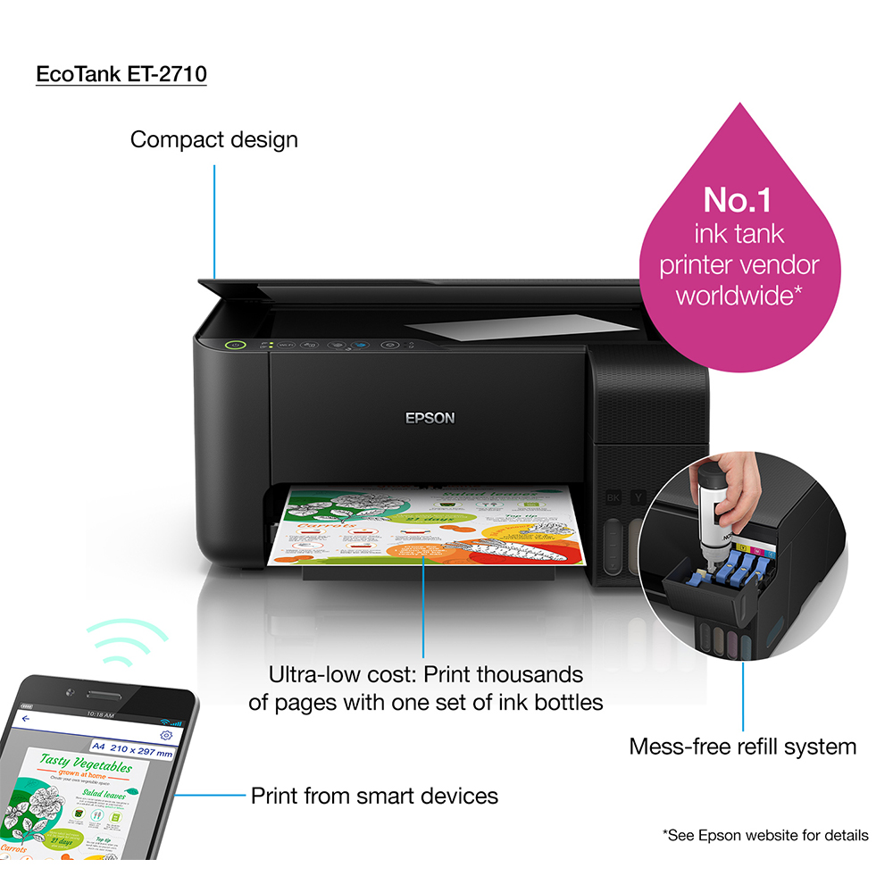 Epson EcoTank ET-2710 A4 Colour Multifunction Inkjet Wireless Printer -  C11CG86401