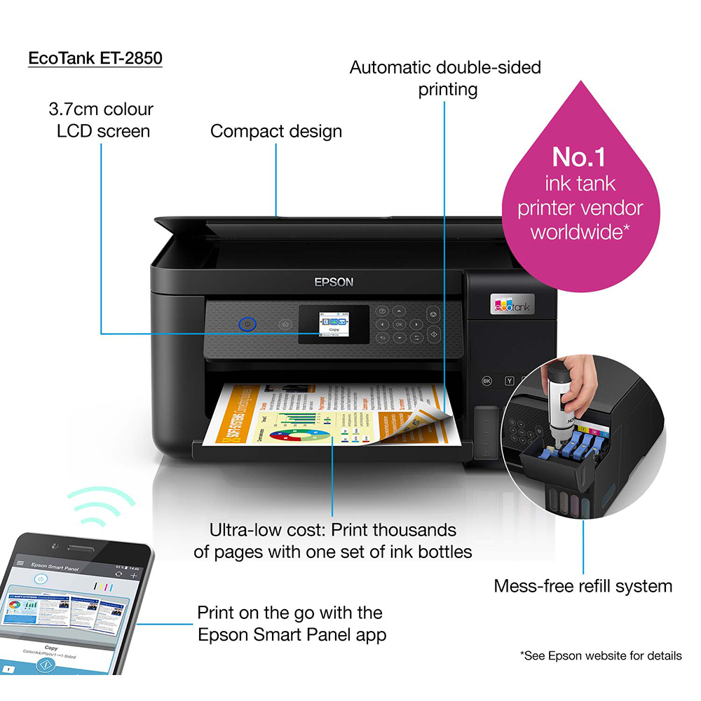 Epson EcoTank ET2850 A4 Colour Multifunction Inkjet Printer C11CJ63401