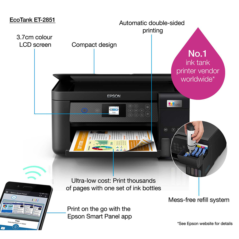 Epson EcoTank ET2851 A4 Colour Multifunction Inkjet Printer C11CJ63403