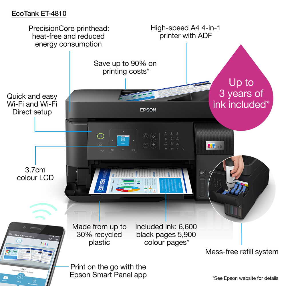 Epson EcoTank ET4810 A4 Colour Multifunction Inkjet Printer C11CK57401