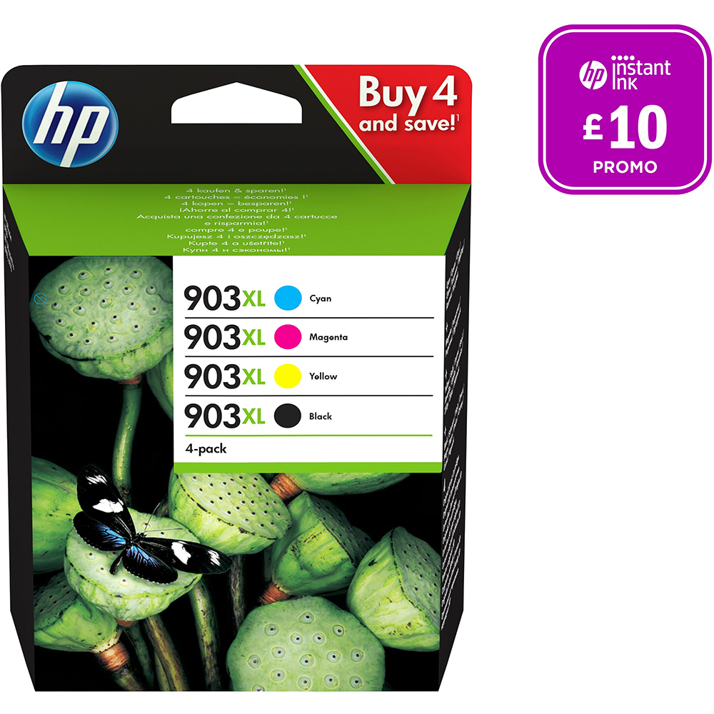 HP 903XL High Yield Ink Cartridge 4-Pack CMYK (825 Pages)