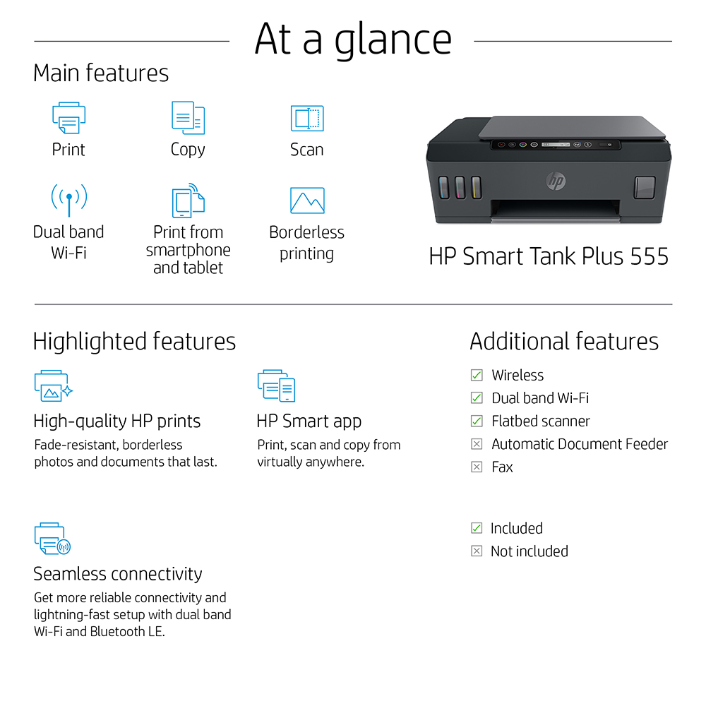 Hp smart tank plus 555 a4 colour multifunction inkjet printer 1tj12a